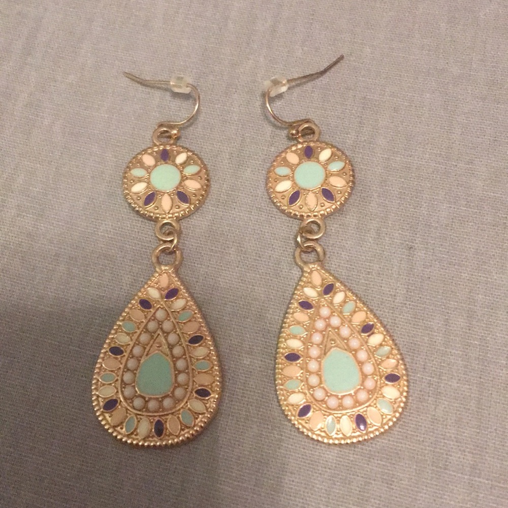 Gold Teardrop Dangle Earrings with Mint and Purple Accents
